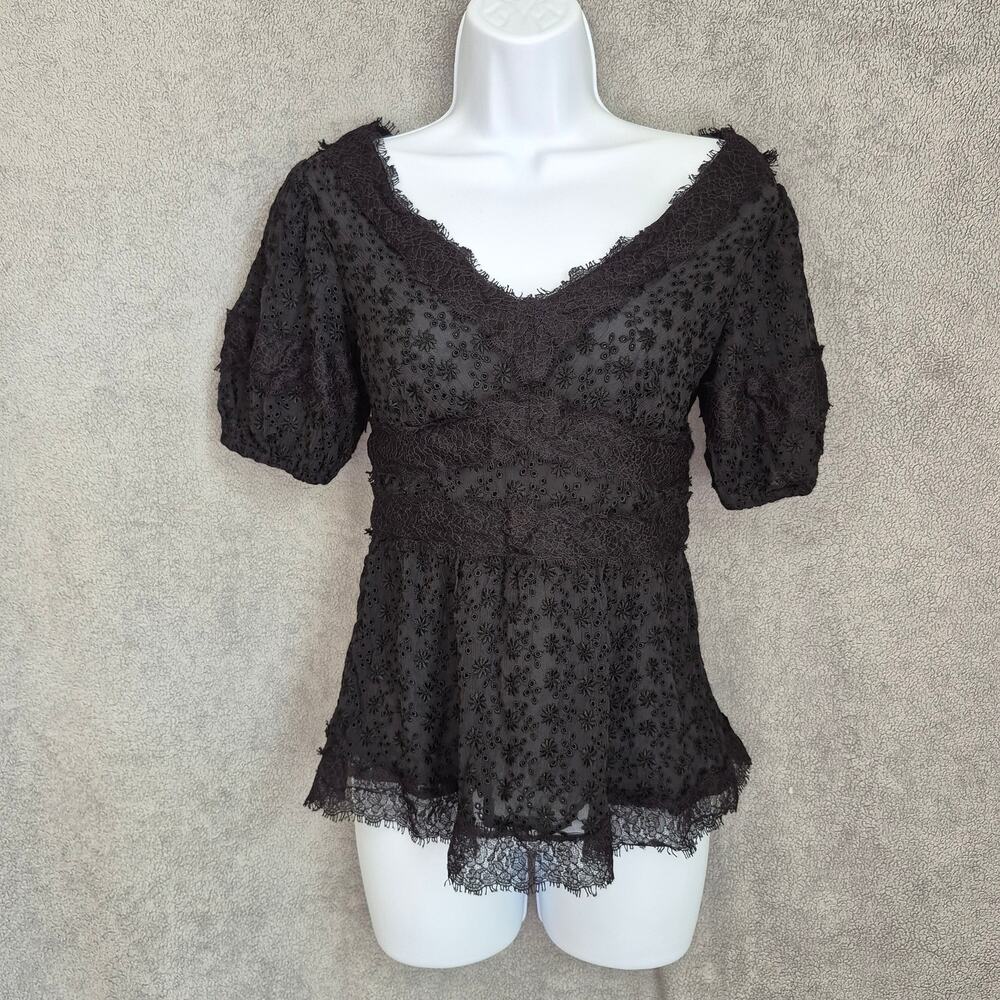 Nanette Lepore Black Silk Lace Eyelet Puff Sleeve Blouse Top Size 4
